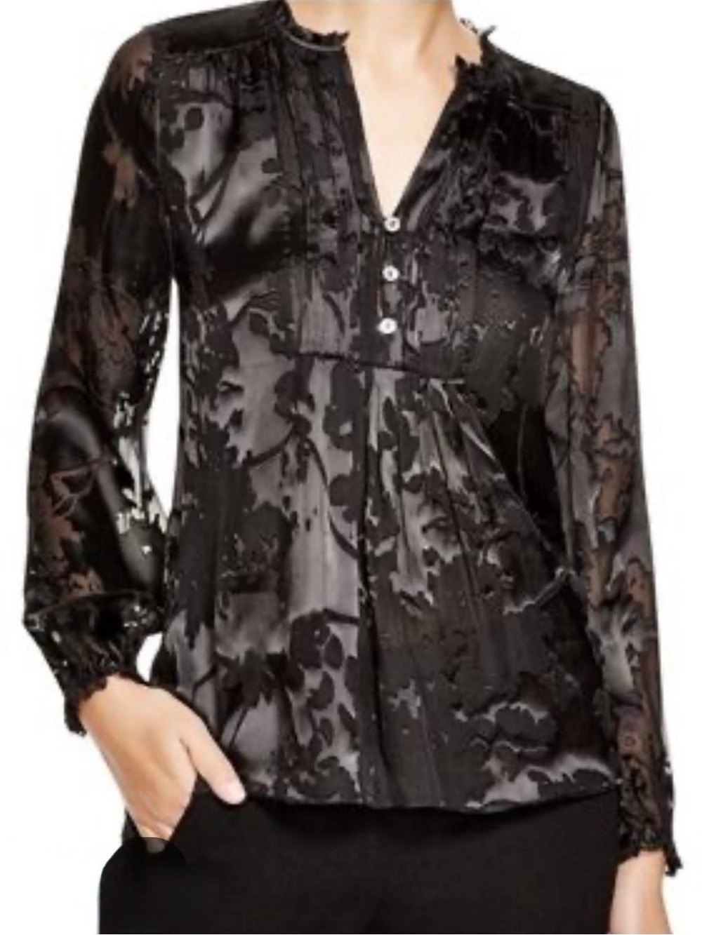 Diane Von Furstenberg “Annelise” Black Sheer Floral-Jacquard Blouse-